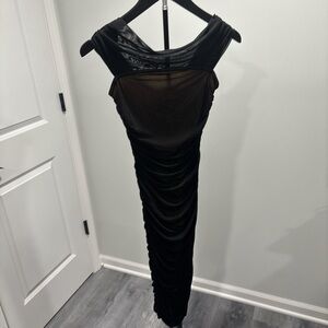 Fashion Nova Black Ruched Mesh Maxi Dress
